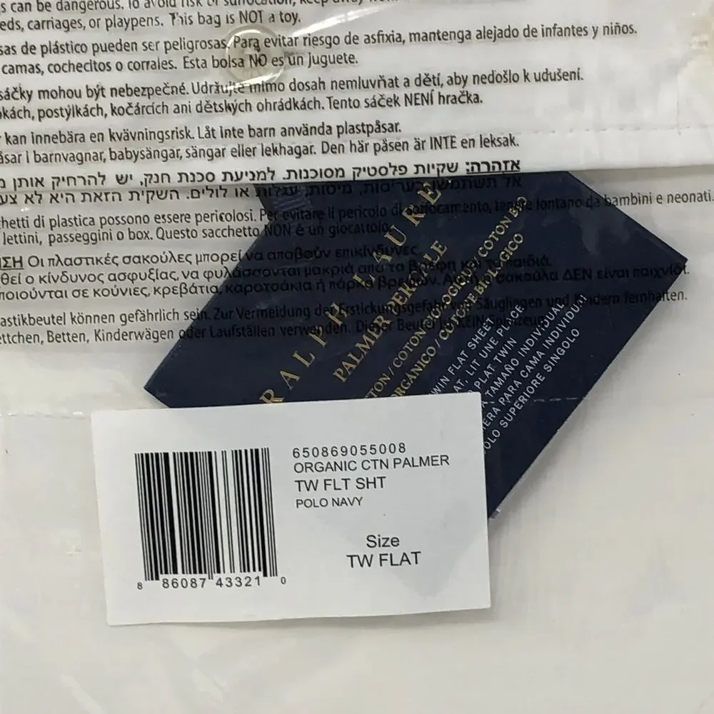Ralph Lauren Organic Cotton Percale Palmer Twin Flat Sheet White Polo Navy New